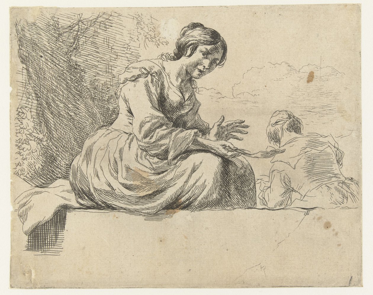 Ung kvinde sidder på en sten Får (serietitel) Animalia ad vivum delineata et aqua forti aeri impressa Studio et Arte Nicolai Berchemi (serietitel) af Nicolaes Pietersz Berchem