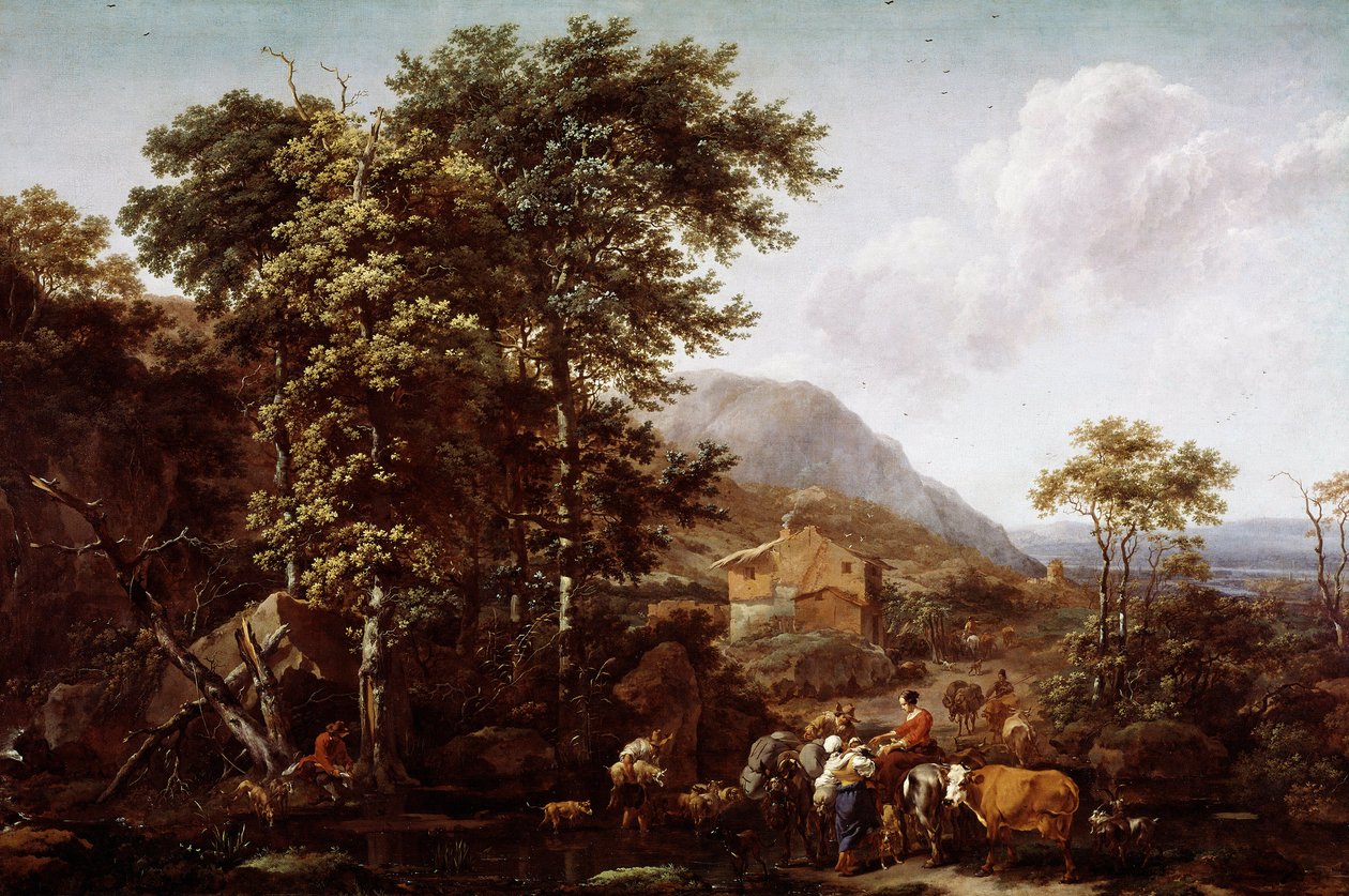 Landskab og dyr. Maleri af Nicolaes Berchem (1620-1683), hollandsk maler af Nicolaes Pietersz. Berchem