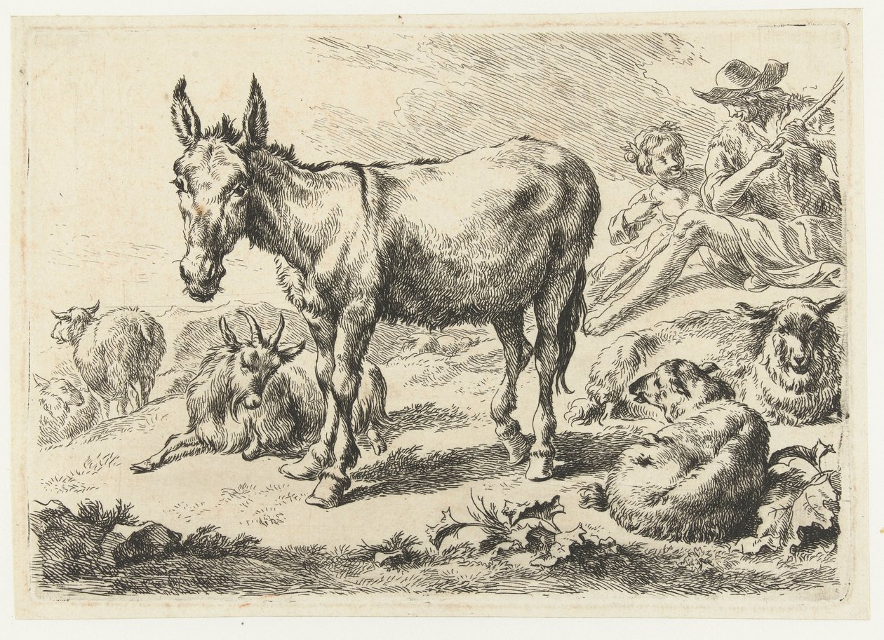 Landskab med æsel, får, ged og hyrder Dyr (serietitel) af Nicolaes Pietersz Berchem