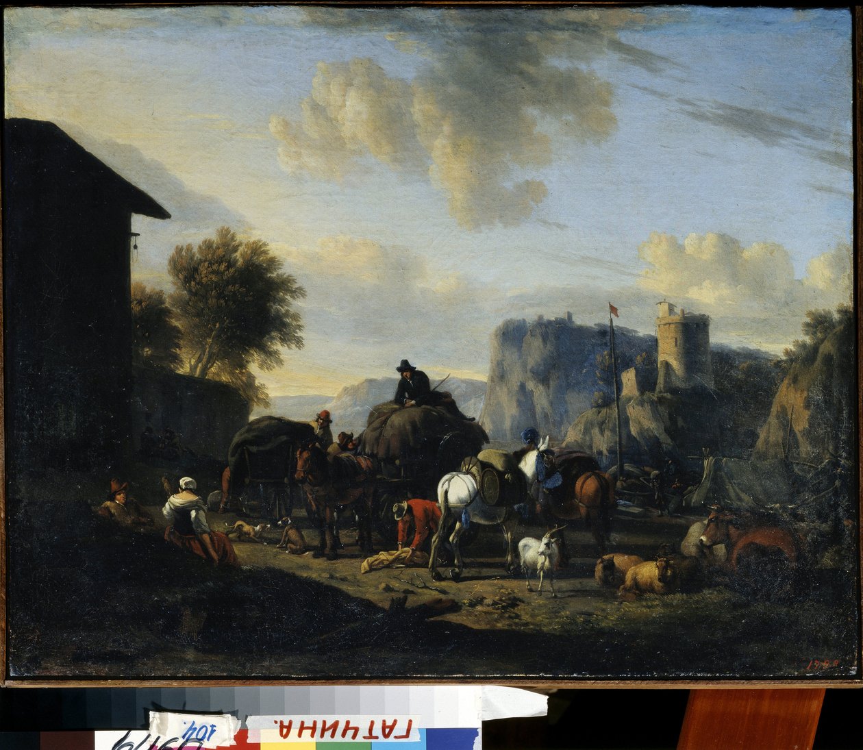 ""Resten af ​​konvojen"" (Resten af ​​konvojen) En gruppe rejsende hyrder, der stopper på vejen. Maleri af Nicolaes (Claes) Pietersz Berchem den Ældre (1620-1683) 1600-tallets statsfriluftsmuseum Palace Gatchina, Sankt Petersborg af Nicolaes Pietersz. Berchem