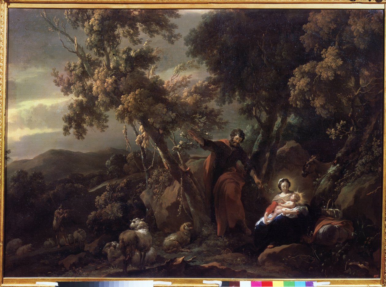 ""Hvil på flugten til Egypten"" (Hvil på flugten til Egypten) Maleri af Nicolaes Pietersz Berchem (eller Berghem) (1620-1683) 1600-tallets Pushkin Museum Moskva af Nicolaes Pietersz. Berchem