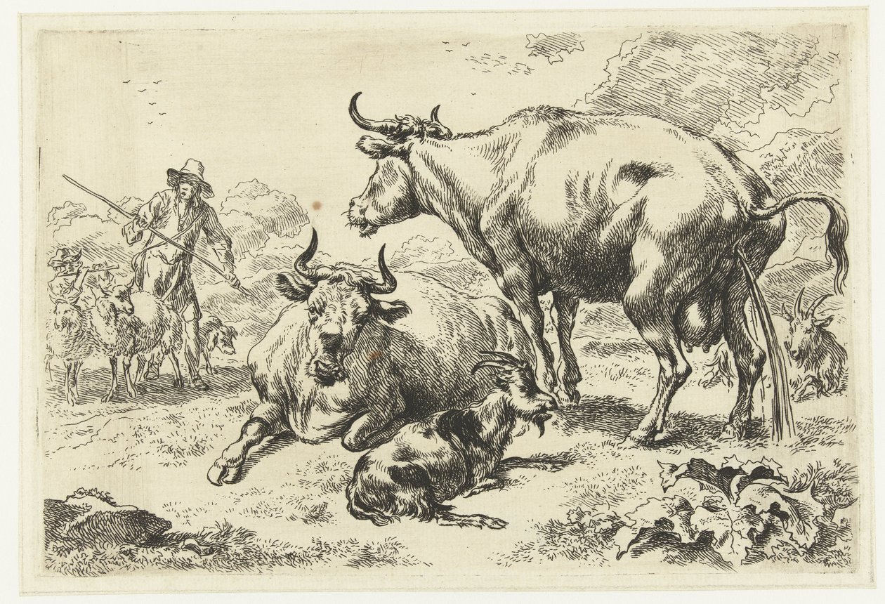 Liggende og en pisseko Dyr (serietitel) af Nicolaes Pietersz Berchem
