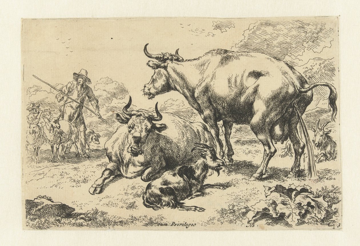 Liggende og en pisser ko Dyr (serietitel) af Nicolaes Pietersz Berchem