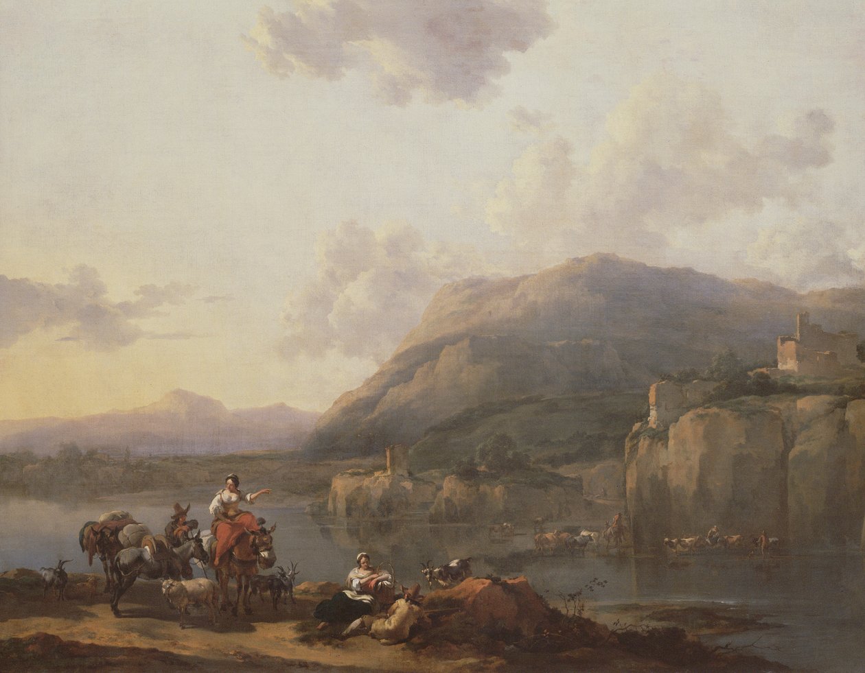 Muldyrchauffør ved en Ford af Nicolaes Pietersz. Berchem