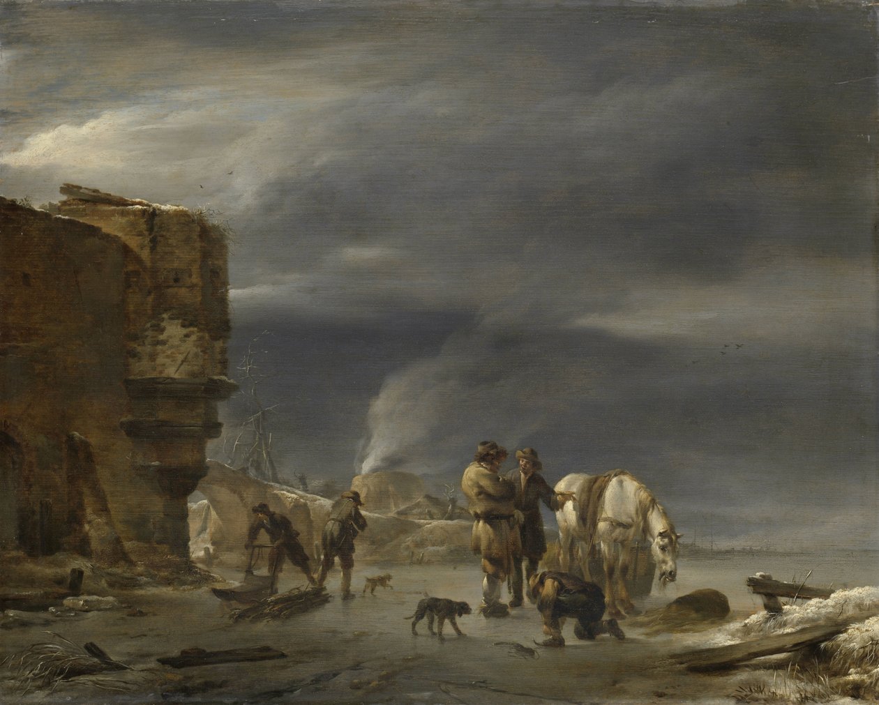 På isen nær en by af Nicolaes Pietersz Berchem