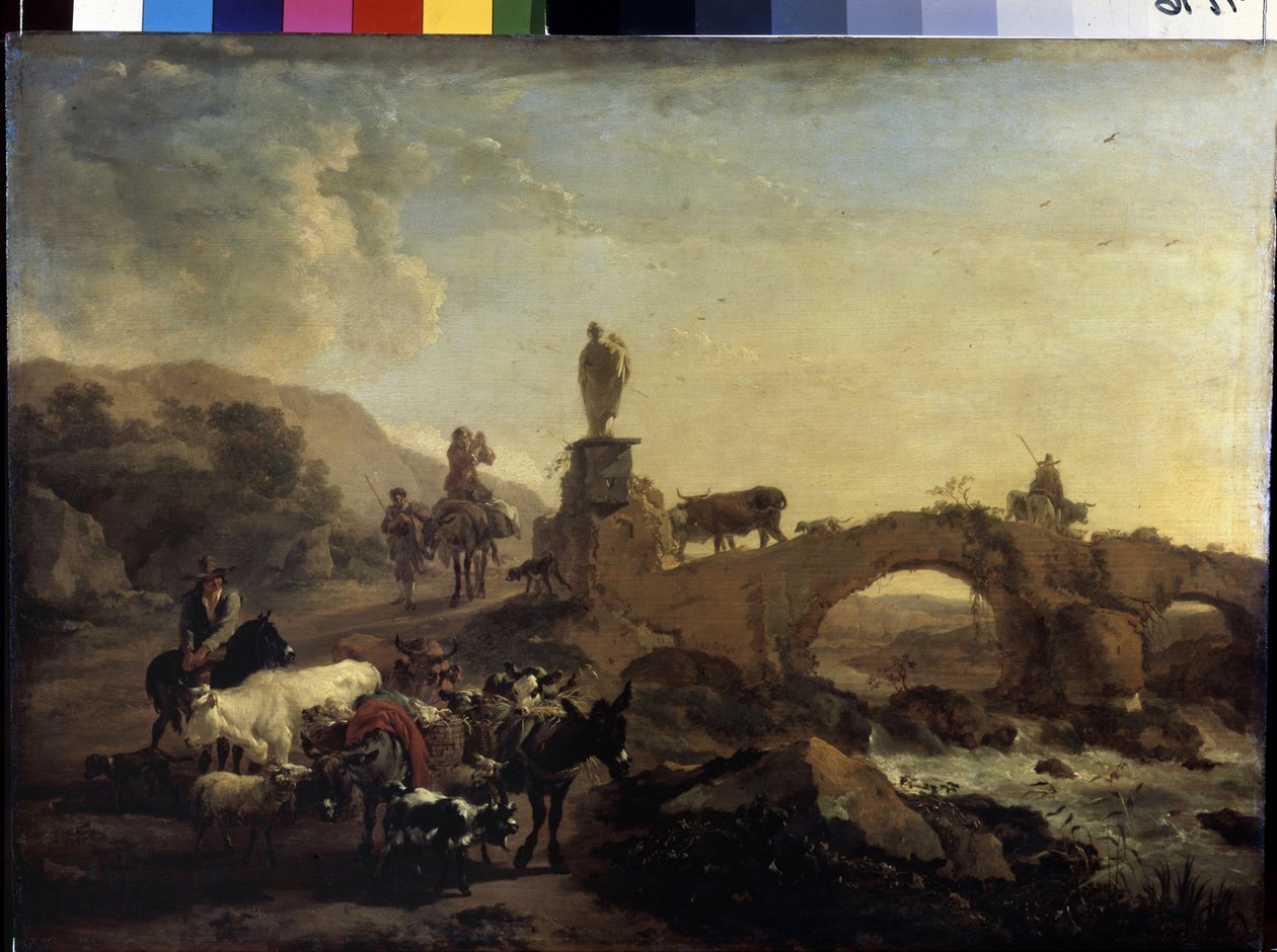 "Italiensk landskab med en lille bro" Maleri af Nicolaes (Claes) Pietersz Berchem den Ældre (1620-1683) 1656 Mål 44,5x61 cm Eremitagemuseet, Sankt Petersborg af Nicolaes Pietersz. Berchem
