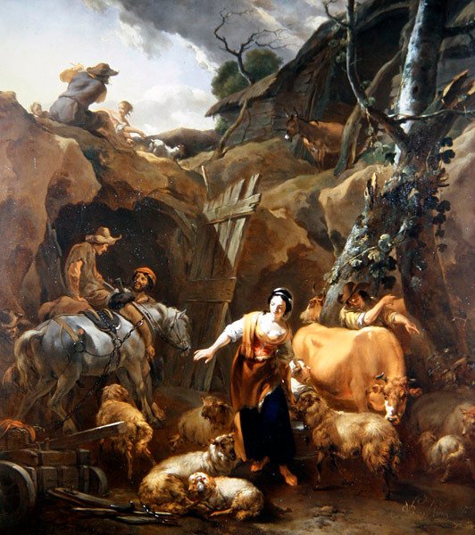 Bønder i et klippelandskab uden for en mine af Nicolaes Pietersz. Berchem