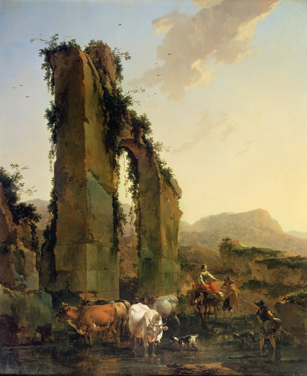 Bønder med kvæg ved en ødelagt akvædukt, ca. 1655-60 (olie på lærred) af Nicolaes Pietersz. Berchem