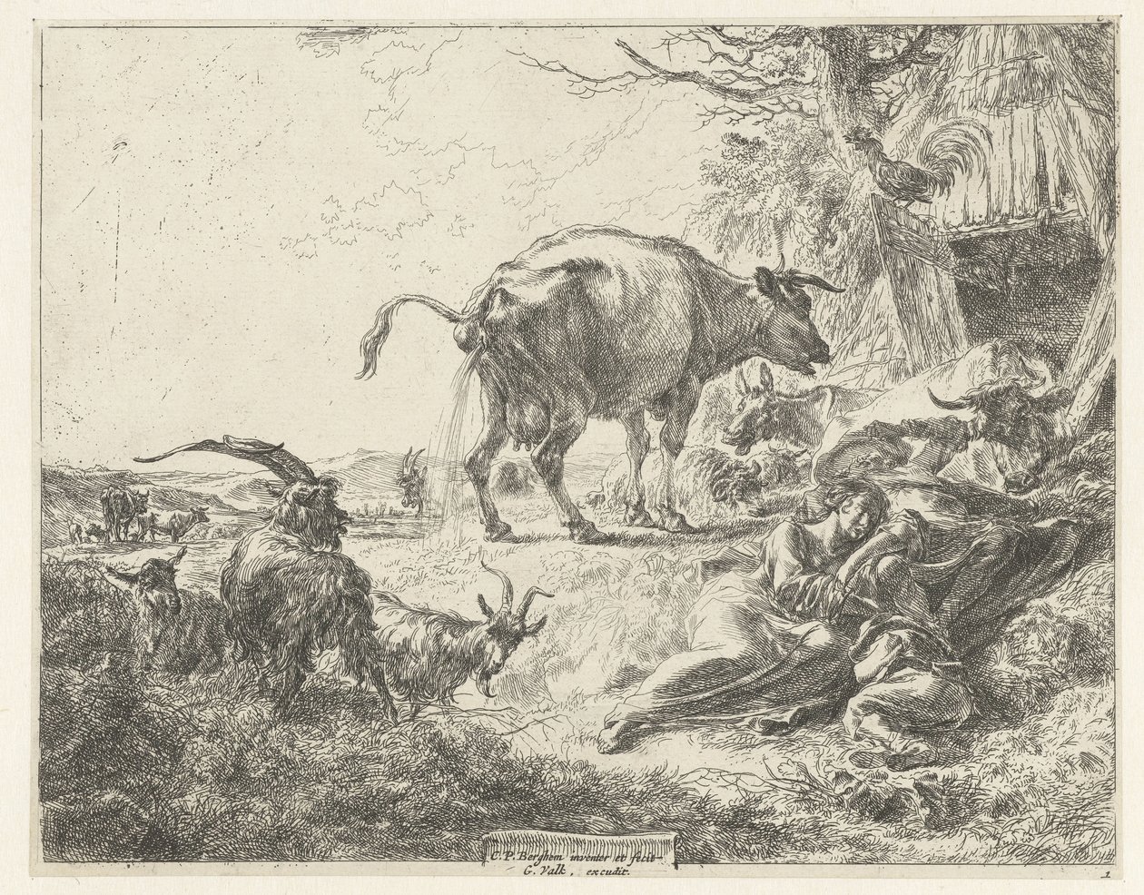 Sovende hyrdefamilie og hvilende husdyr af Nicolaes Pietersz Berchem