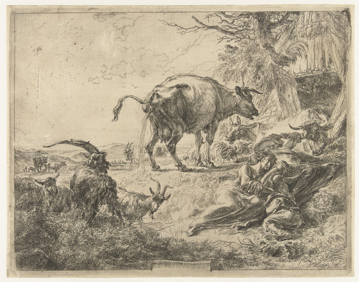 Sovende hyrdefamilie og hvilende husdyr af Nicolaes Pietersz Berchem