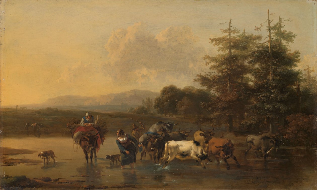 Kvægbesætningen En flok kvæg krydser et vadested af Nicolaes Pietersz Berchem