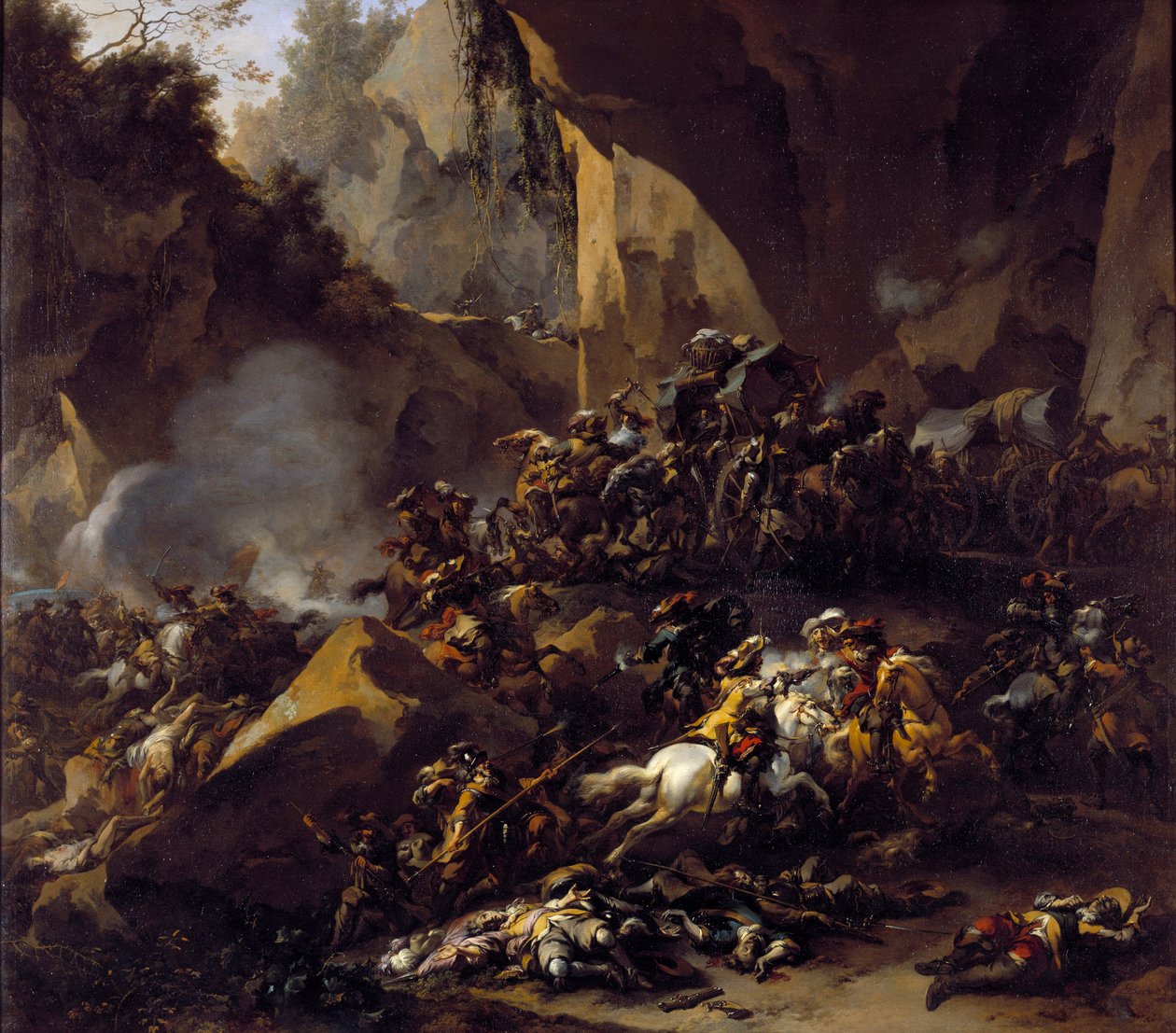 Rejsende angrebet af røvere af Nicolaes Pietersz Berchem