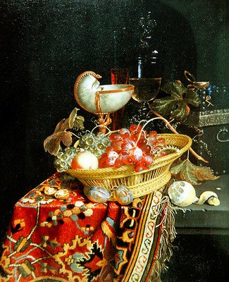Et stilleben med frugter i en kurv og en Nautilus-kop af Nicolaes Van Gelder