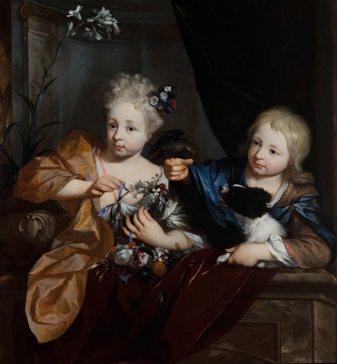 En ung dreng og pige i arkitektoniske omgivelser af Nicolaes Verkolje
