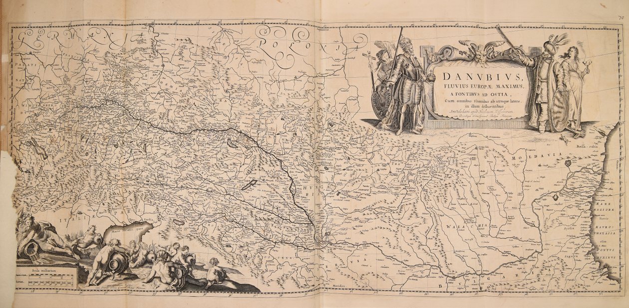 Danubius fluuius Europae maximus a fontibus ad ostia cum omnibus flumnibus ab utroque latere in illum defluentibus af Nicolaes Visscher
