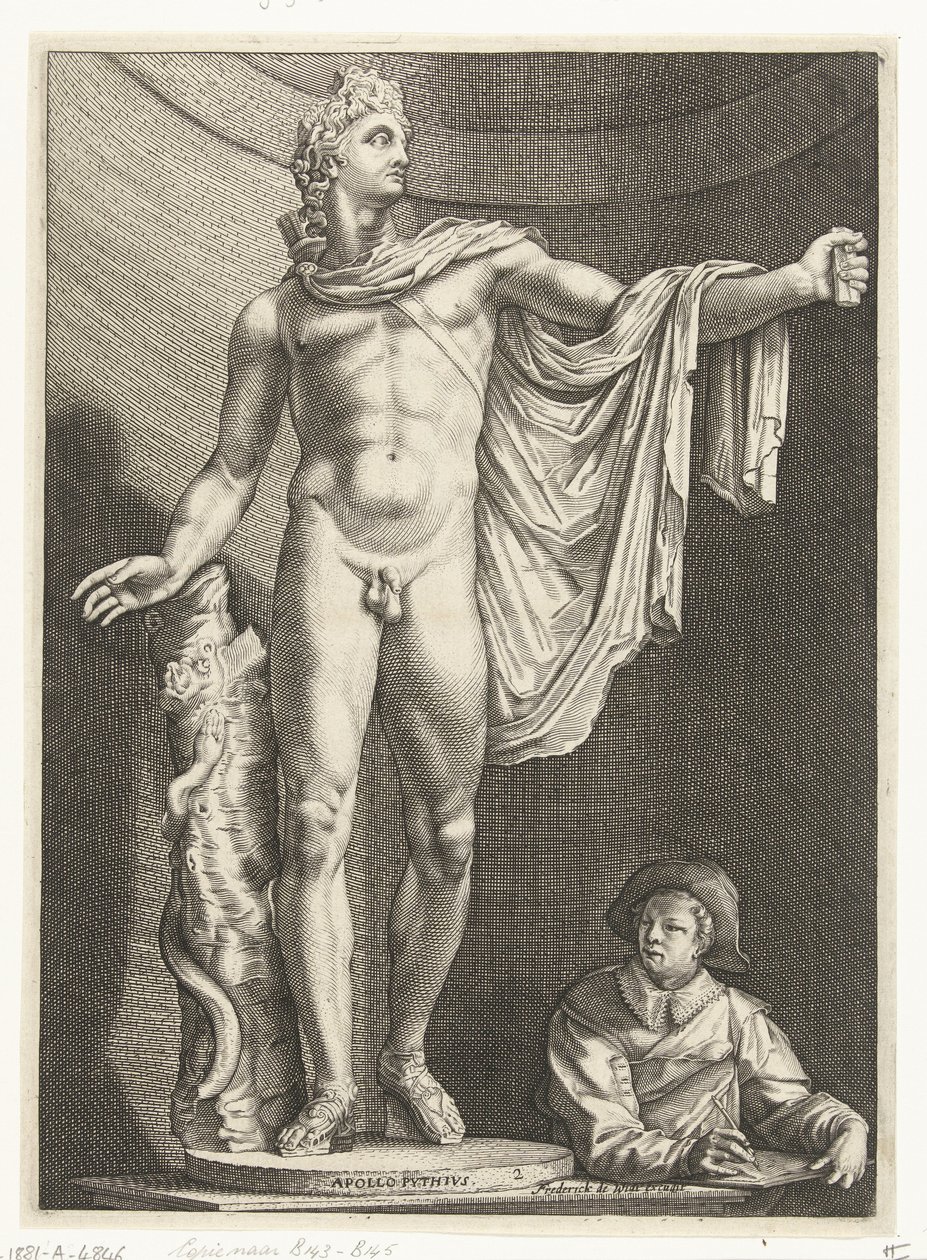 Apollo Belvedere Apollo Pythivs (titel på objekt) Tre antikke statuer i Rom efter Goltzius (serietitel) af Nicolaes de Bruyn