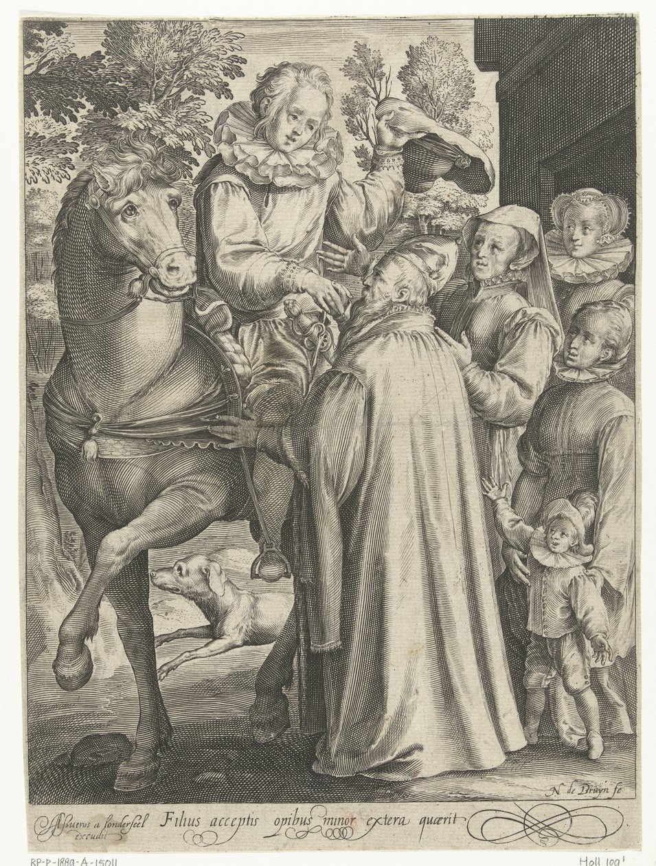Den fortabte søn modtager sin arv og tager på rejse Filius acceptis opibus minor extera quaerit (titel på objekt) Tale of the Prodigal Son (serietitel) af Nicolaes de Bruyn