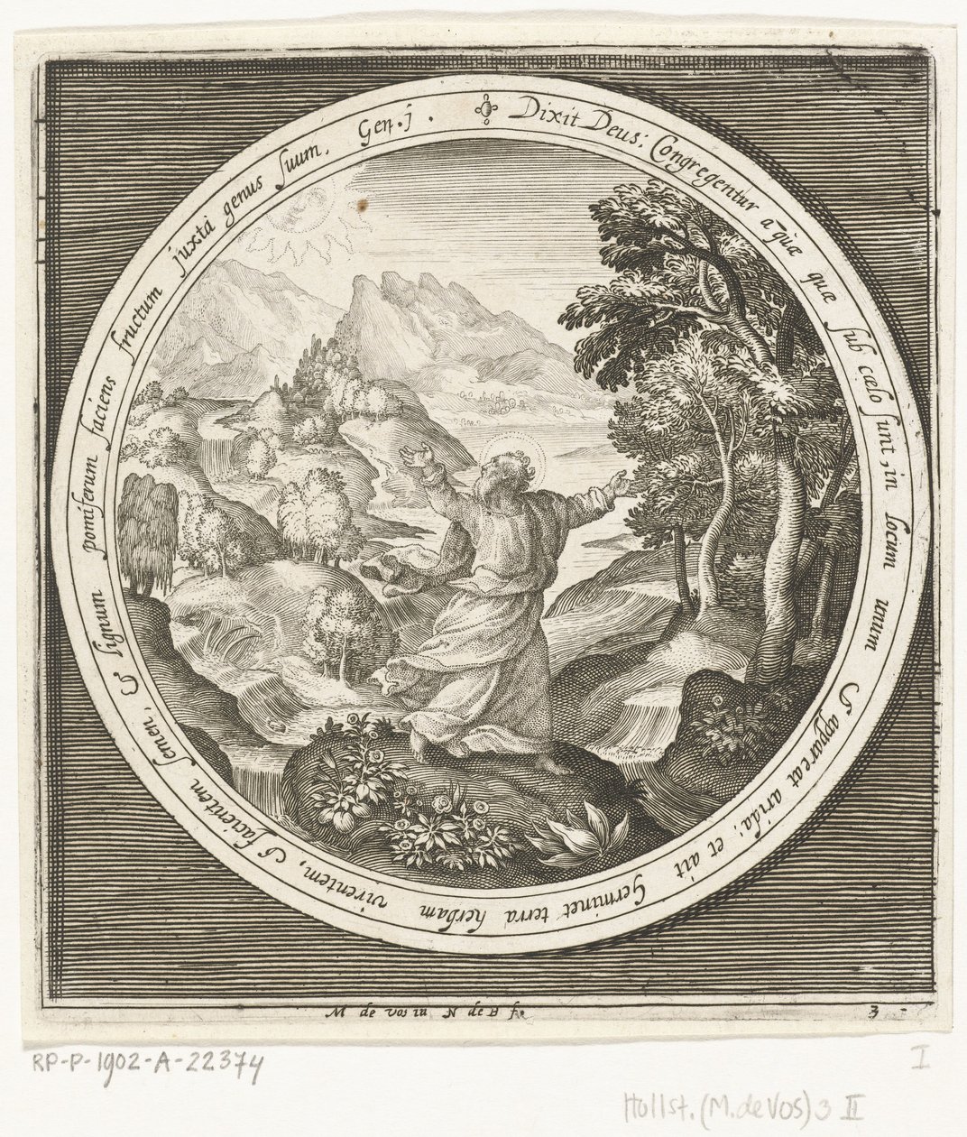 Tredje skabelsesdag: Gud skaber jord og frødannende planter og træer med frugter, der bærer frø Fra skabelse til uddrivelse fra paradis (serietitel) af Nicolaes de Bruyn