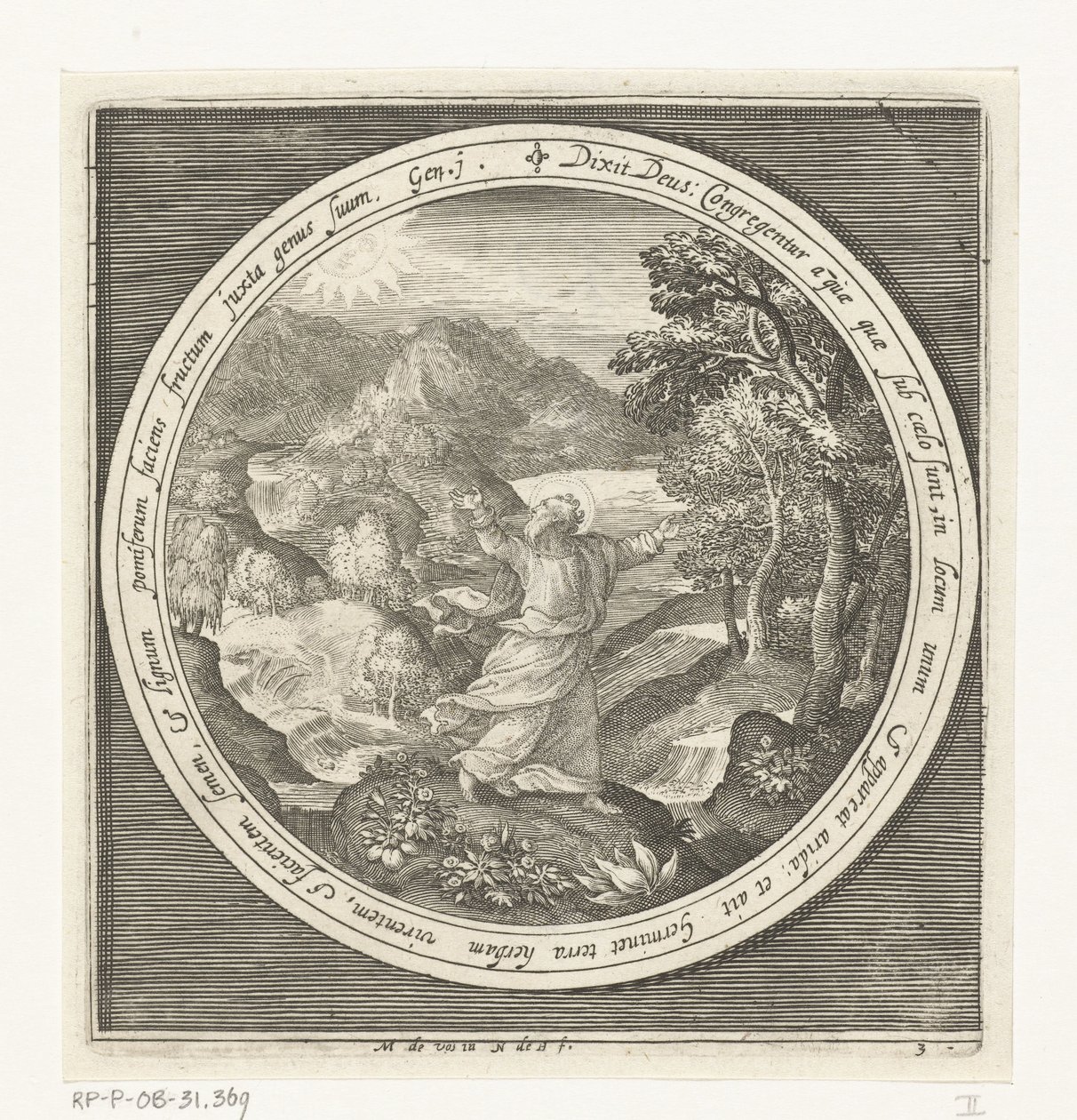 Tredje skabelsesdag: Gud skaber jord og frødannende planter og træer med frugter, der bærer frø Fra skabelse til uddrivelse fra paradis (serietitel) af Nicolaes de Bruyn