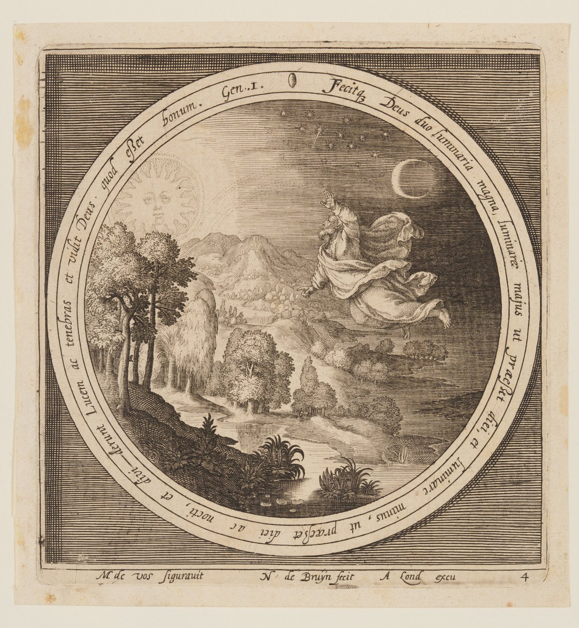 Den fjerde dag: Skabelsen af solen, månen og stjernerne, fra skabelsen til uddrivelsen fra Paradis af Nicolaes de Bruyn