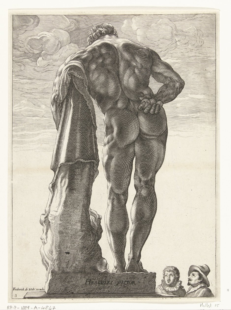 Hercules Farnese Hercules Victor (titel på objekt) Tre antikke statuer i Rom efter Goltzius (serietitel) af Nicolaes de Bruyn