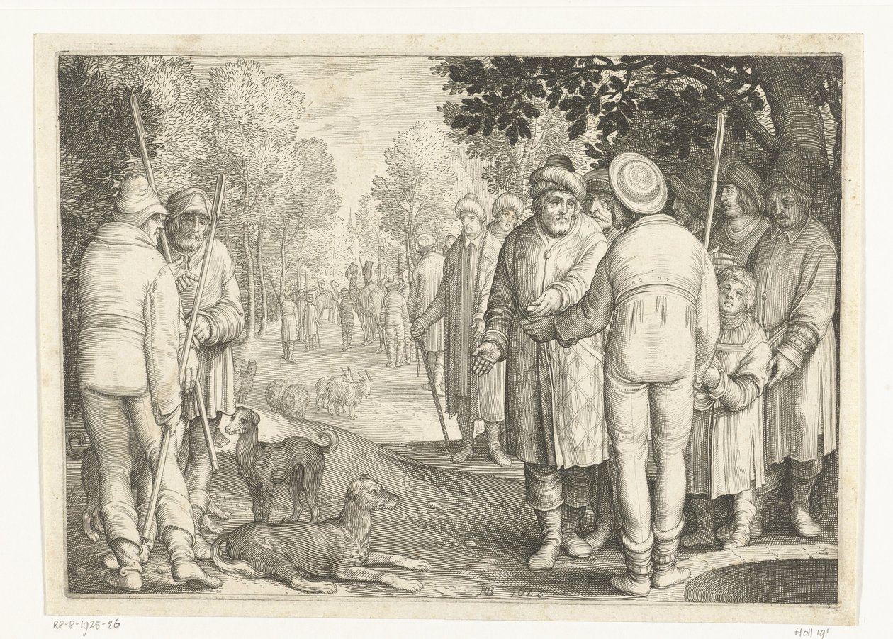 Josef bliver solgt af sine brødre til købmænd ved brønden Historien om Joseph (serietitel) af Nicolaes de Bruyn