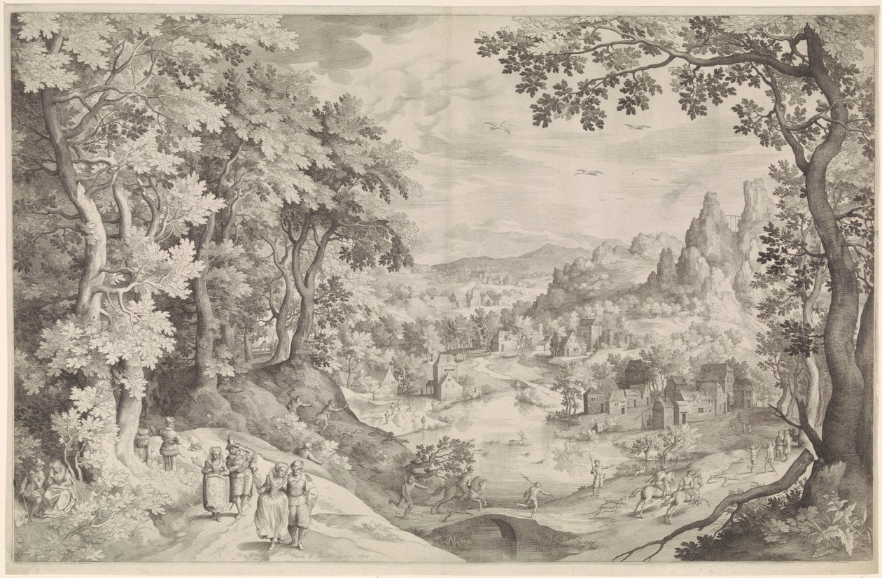 Landskab med hjortejagt af Nicolaes de Bruyn