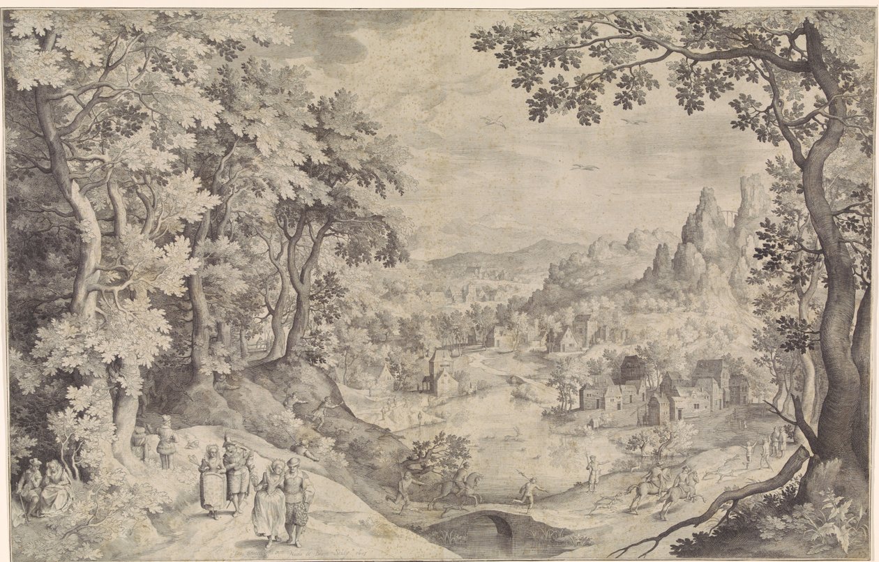 Landskab med hjortejagt af Nicolaes de Bruyn