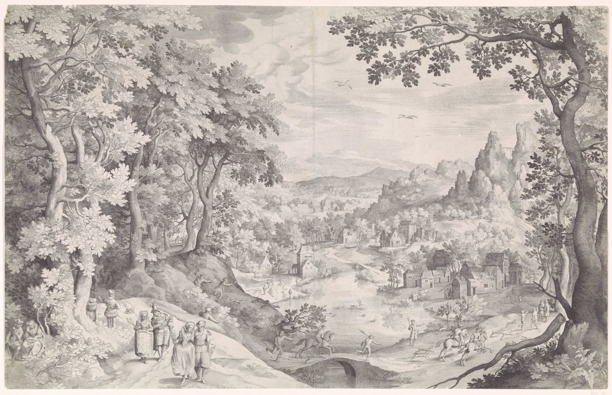 Landskab med hjortejagt af Nicolaes de Bruyn