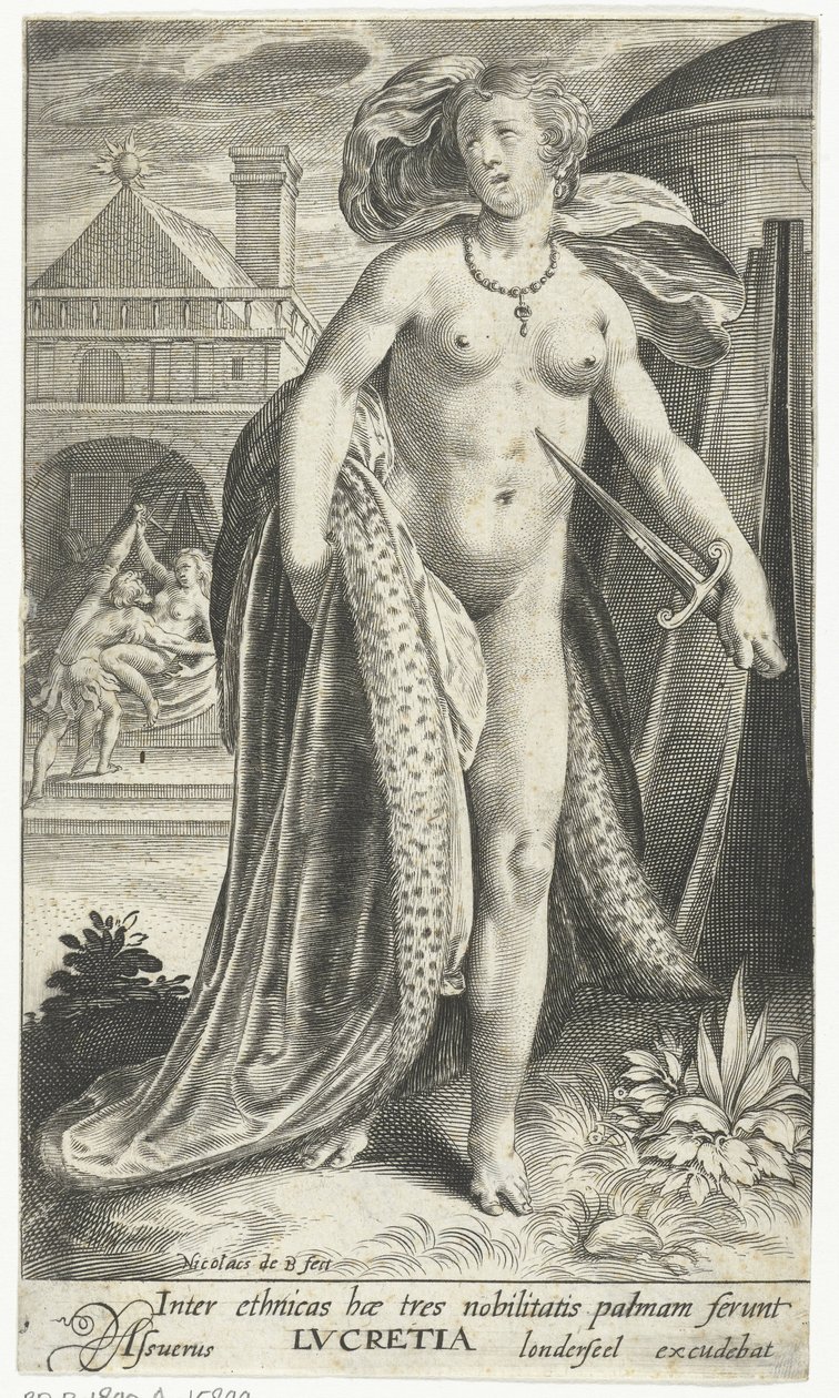 Lucretia met dolk tegen haar borst Blandt de etniske grupper bærer disse tre adelens håndflade, Lucretia (titel på objektet) af Nicolaes de Bruyn