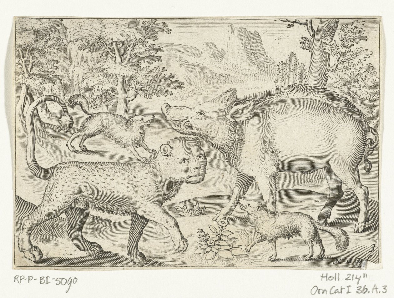 Leopard, vildsvin og hunde Animalivm qvadrvpedvm (serietitel) Dyr i landskaber (serietitel) af Nicolaes de Bruyn