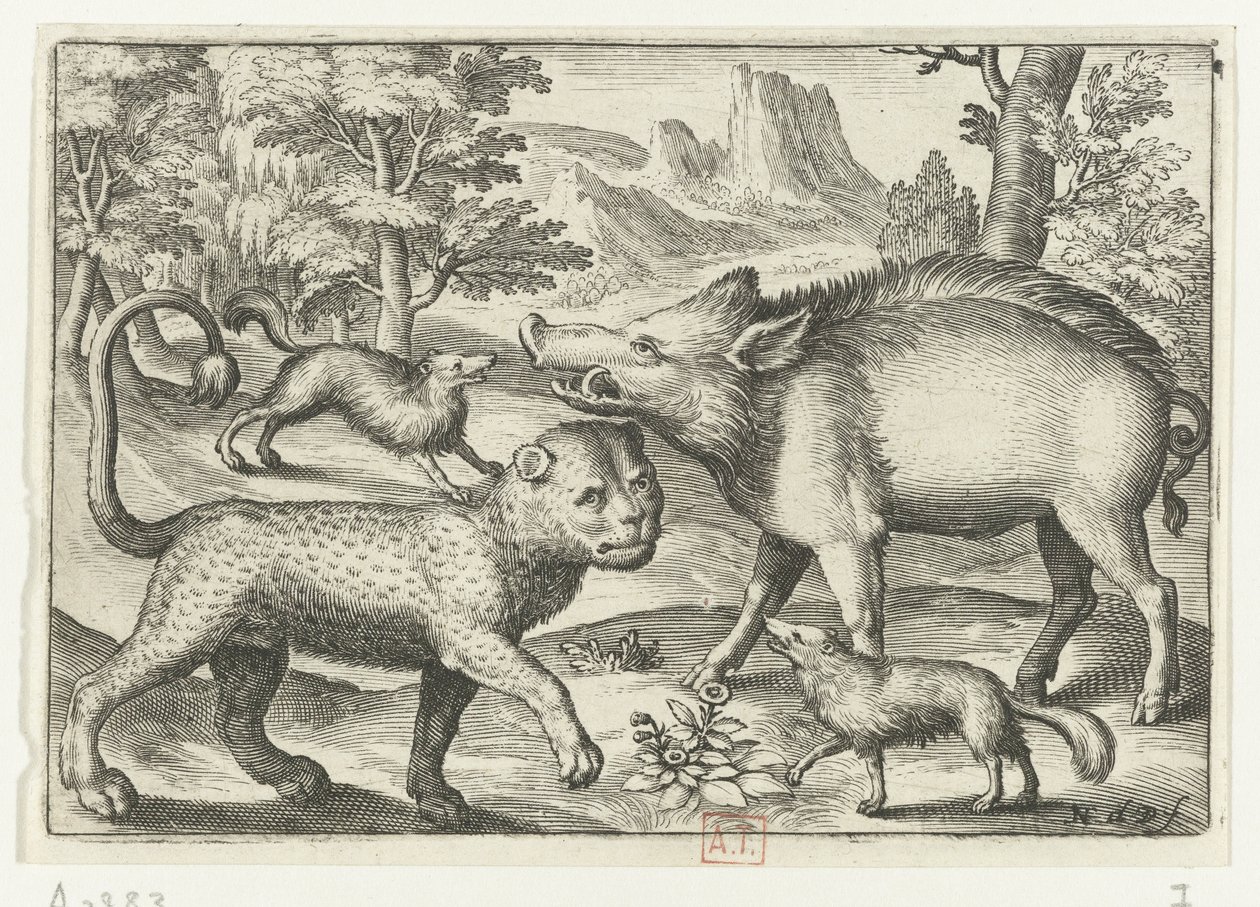 Leopard, vildsvin og to hunde Animalivm qvadrvpedvm (serietitel) Dyr i landskaber (serietitel) af Nicolaes de Bruyn