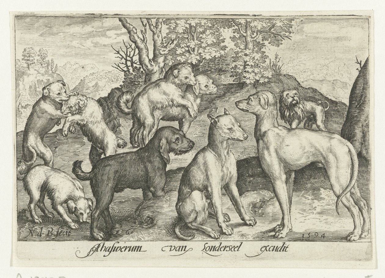 Ni hunde Animalivm qvadrvpedvm (serietitel) Dyr i landskaber (serietitel) af Nicolaes de Bruyn