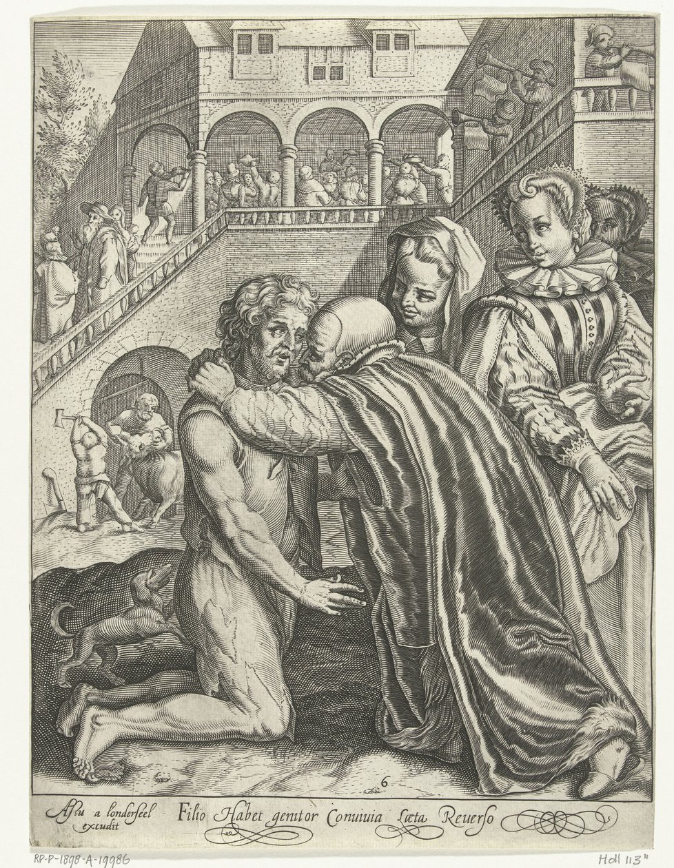 Den fortabte søns hjemkomst Filio habet conuiuia laeta Reuerso (titel på objekt) Tale of the Prodigal Son (serietitel) af Nicolaes de Bruyn