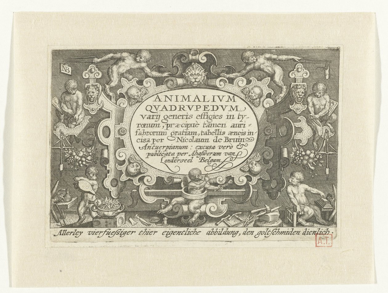 Titeltryk med titel i kartouche omgivet af aber på arbejde som guldsmed Animalivm qvadrvpedvm (titel på objekt) Dyr i landskaber (serietitel) af Nicolaes de Bruyn