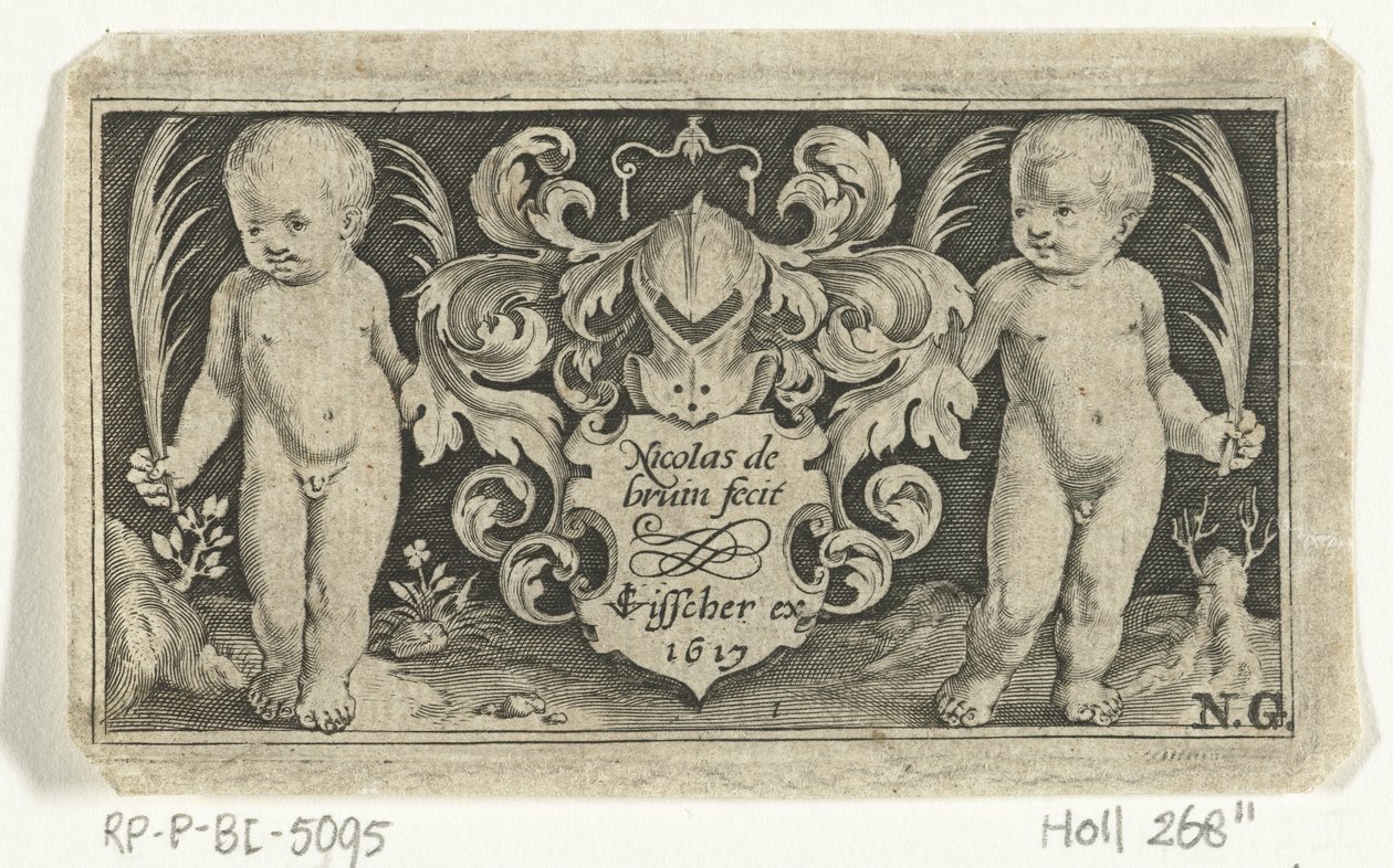Titelprint med to børn med palmeblad ved siden af ​​våbenskjoldet Frisere med børn, engle og dyr (serietitel) af Nicolaes de Bruyn