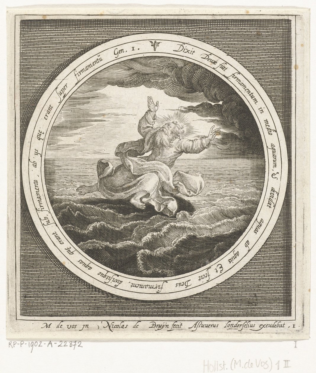 Anden skabelsesdag: Gud adskiller vandmasserne i himmel og hav Fra skabelse til uddrivelse fra paradis (serietitel) af Nicolaes de Bruyn