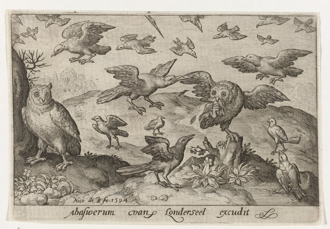Ugle med bytte forfanget af andre fugle Fugle og insekter (serietitel) af Nicolaes de Bruyn
