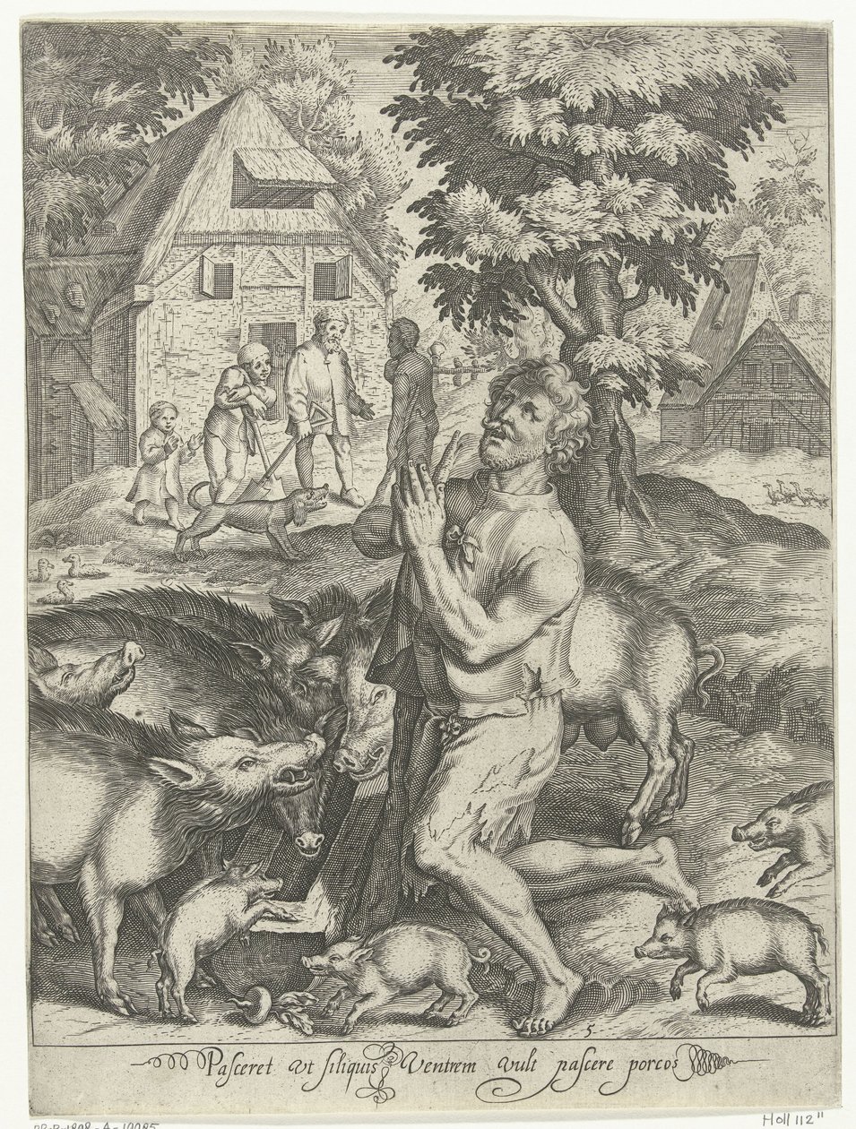 Den fortabte søn som svinehyrde Pasceret vt siliquis ventrem fylder pascere porcos (titel på objekt) Tale of the Prodigal Son (serietitel) af Nicolaes de Bruyn