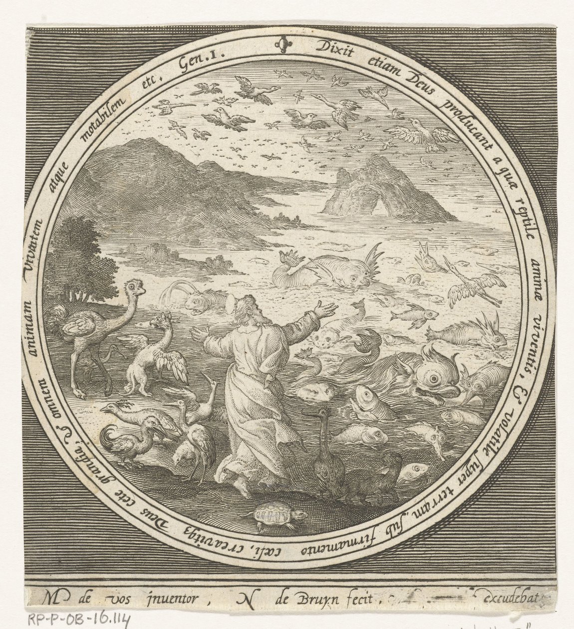 Skabelsens femte dag: Gud skaber fisk og fugle Fra skabelse til uddrivelse fra paradis (serietitel) af Nicolaes de Bruyn