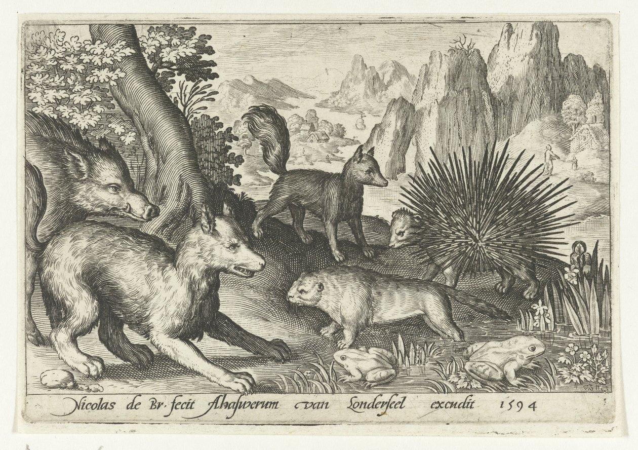 Vildsvin, ræve, bæver, pindsvin og frøer Animalivm qvadrvpedvm (serietitel) Dyr i landskaber (serietitel) af Nicolaes de Bruyn