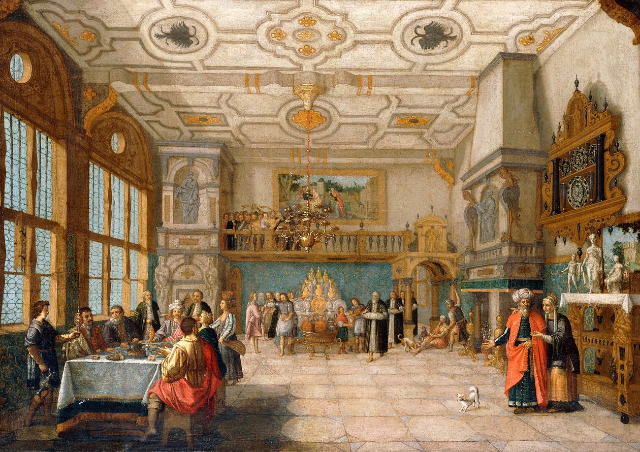 Lazarus ved døren til en festsal med spisestue med elegante figurer, 1622 af Nicolaes de Gyselaer