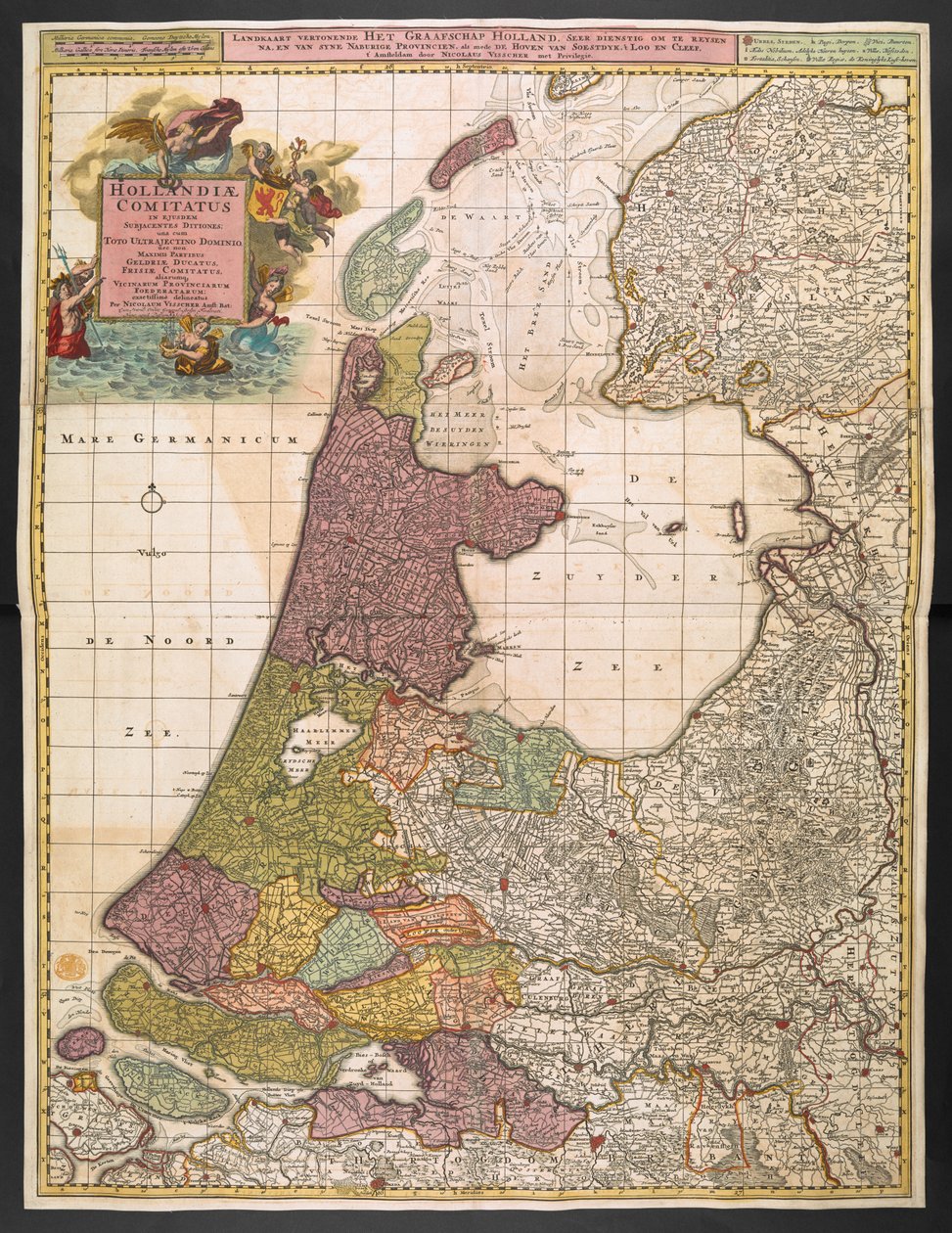 Kort over Holland, der viser bosættelser, moser, skove, bakker, veje, floder og andre geografiske træk, ca. 1710 (farvegravering) af Nicolaes the Elder Visscher