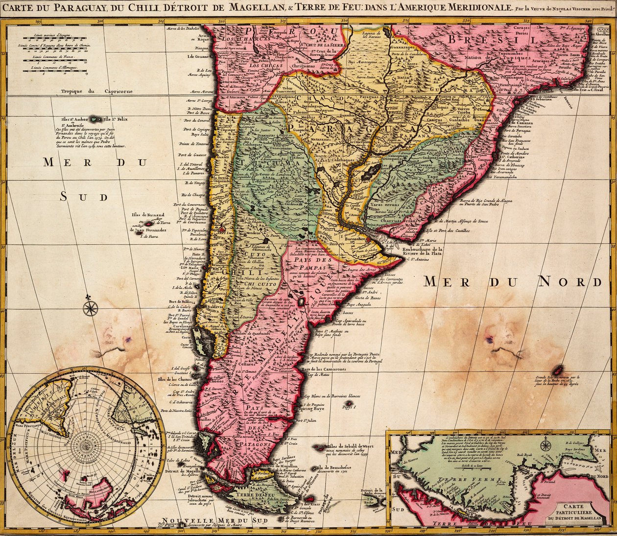 Kort over Paraguay, Chile, Magellanstrædet og Ildlandet i Sydamerika, ca. 1720 (koloreret stik) af Nicolaes the Younger Visscher
