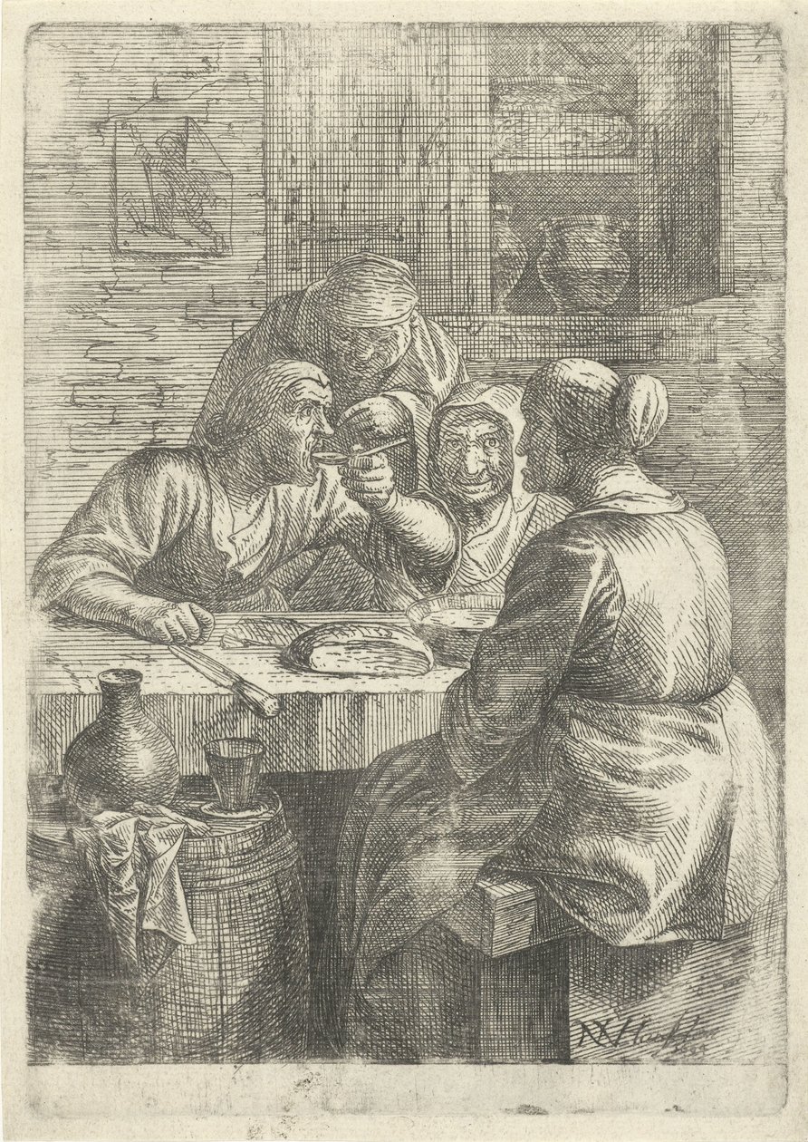 Tre gamle kvinder spiser ved et bord af Nicolaes van Haeften