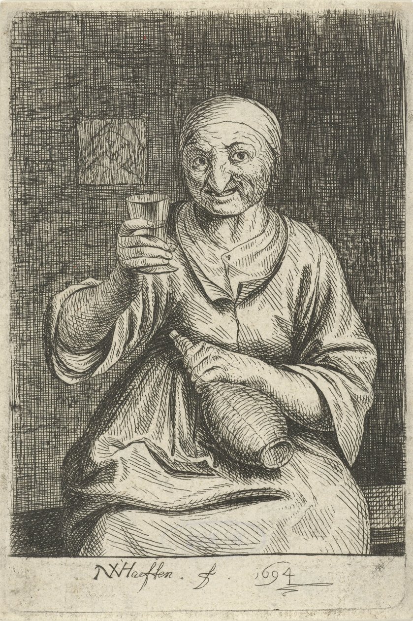 Gammel kvinde med glas og kande af Nicolaes van Haeften