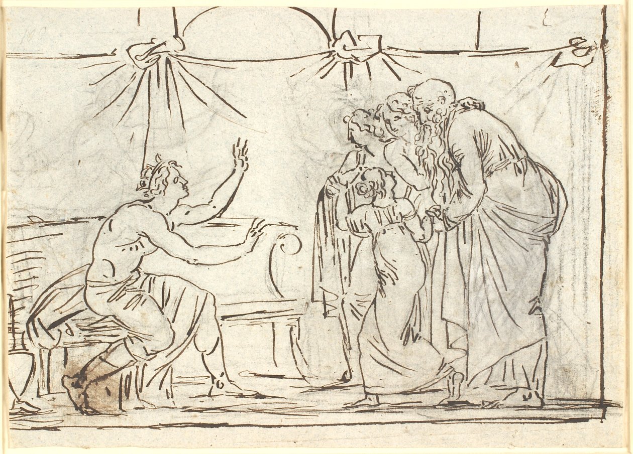 Antik scene. En siddende kronet helt taler til en gruppe af fire figurer, heriblandt en mindre pige og en gammel mand af Nicolai Abildgaard