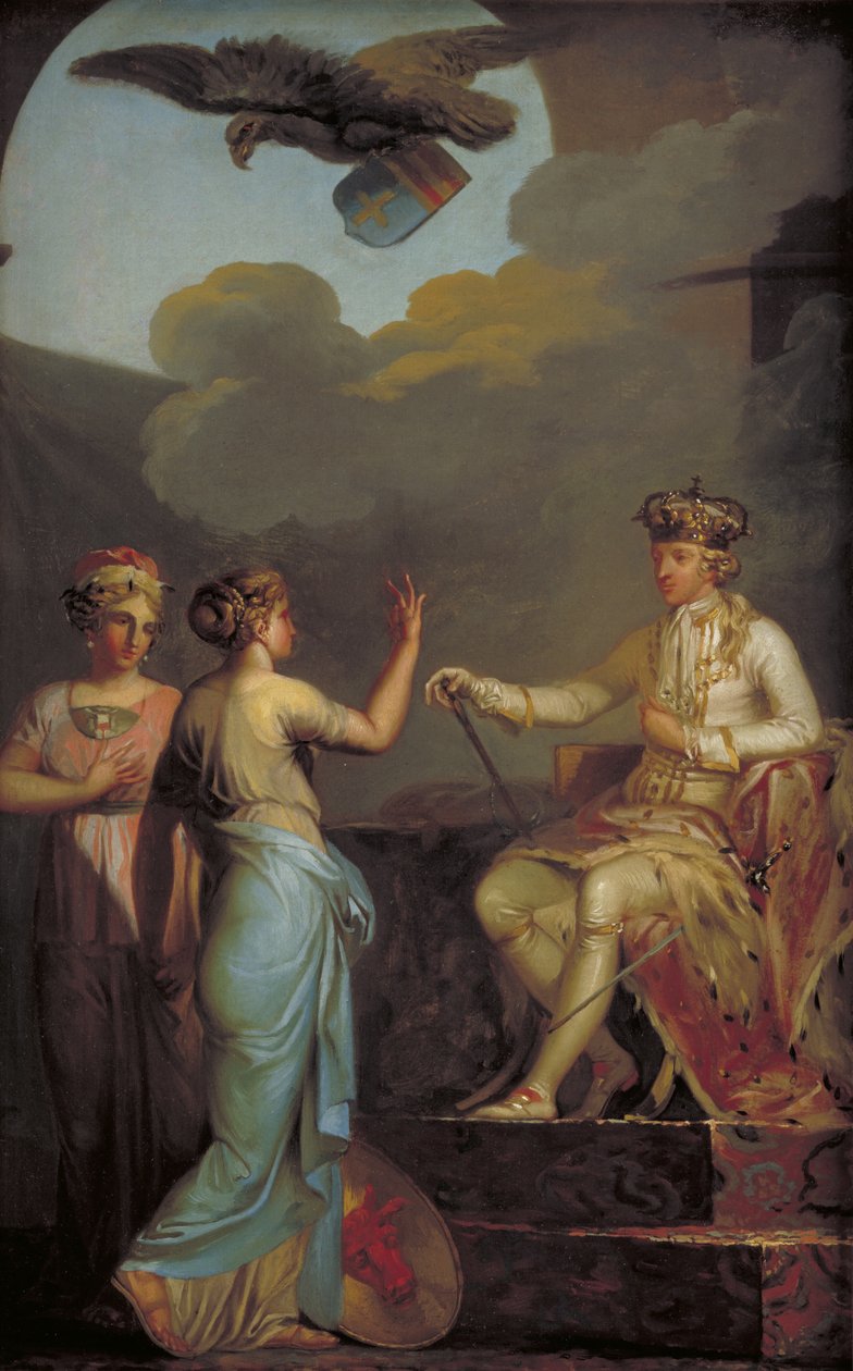 Christian VII forenede hertugen med den kongelige del af Holsten i 1773 af Nicolai Abildgaard