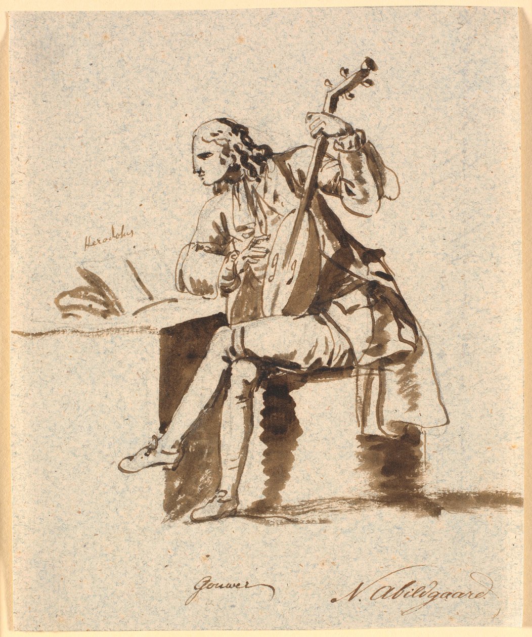 Den engelske digter Gower siddende med en lut ved et bord, på hvilket Herodot ligger opslået af Nicolai Abildgaard