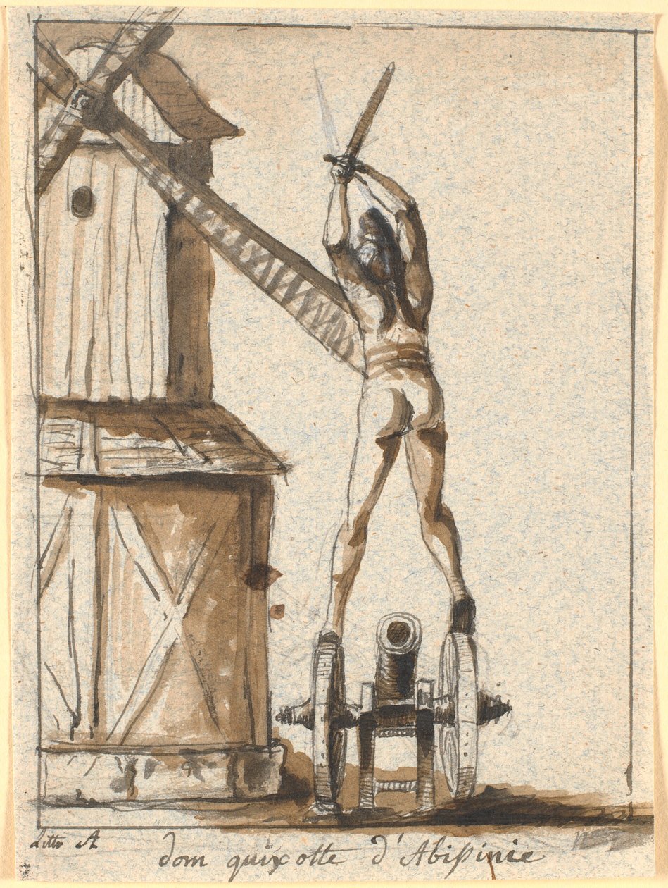 Don Quixote, stående på en kanon, med sværdet hævet mod en møllevinge af Nicolai Abildgaard